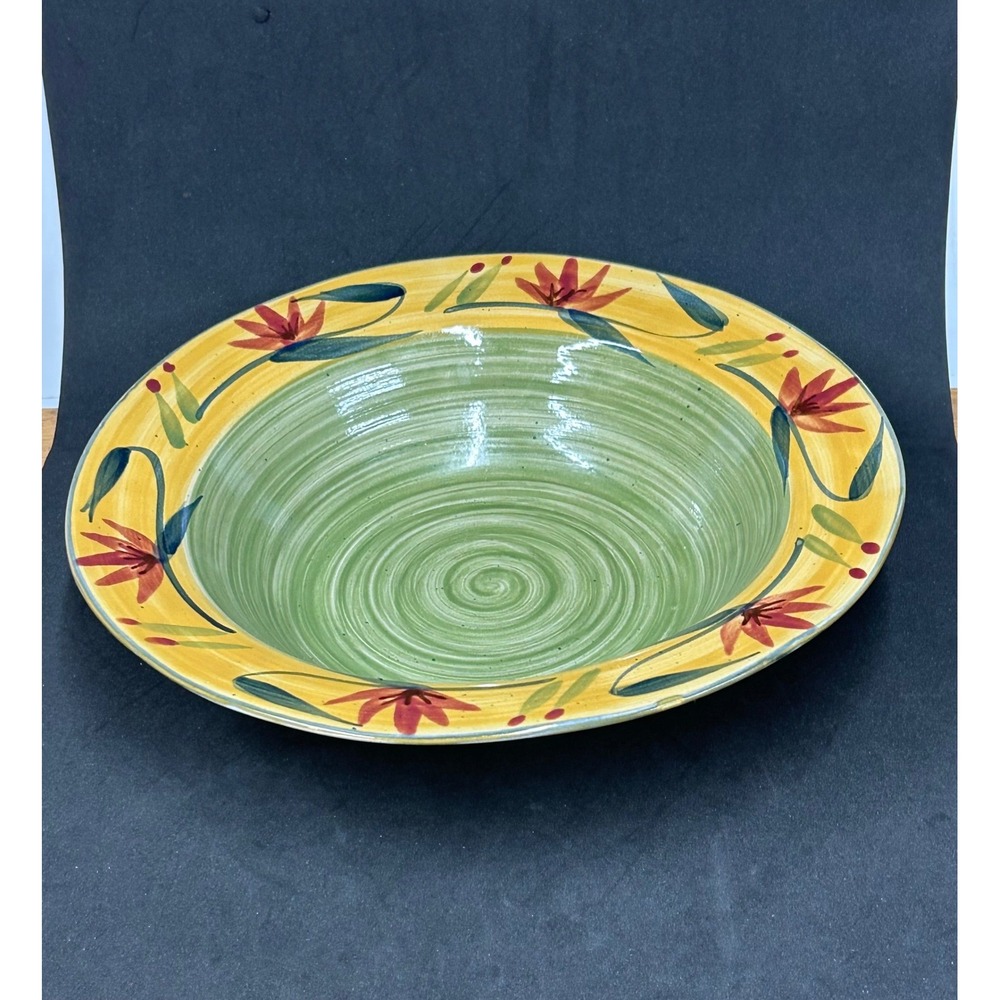 Pier 1 Elizabeth Handpainted Stoneware Pasta Serving Bowl Green Yellow Floral
